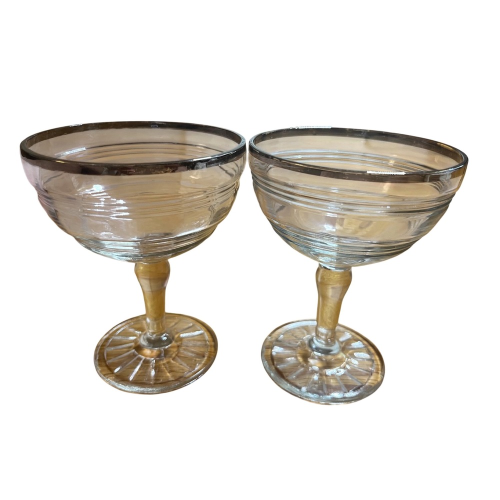 Vintage Anchor Hocking  Silver Rim Champagne Coupe Glasses Set of 2,